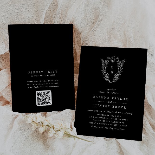Invitation DAPHNE QR Code Floral noir foncé Mariage simple (DAPHNE QR Code Floral Dark Black Simple Wedding Invitation)
