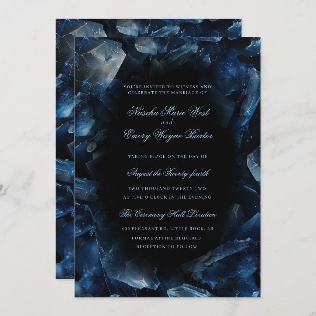 Invitation Dark Blue Boho Witch Crystals Black Wedding (Devant / Derrière)