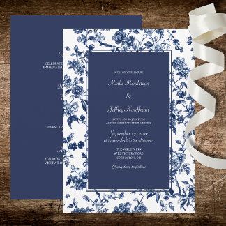 Invitation Dark Blue Floral Wedding 