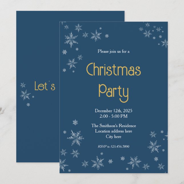 Invitation Dark Blue & White Snowflakes 5"x7" Christmas Party (Devant / Derrière)