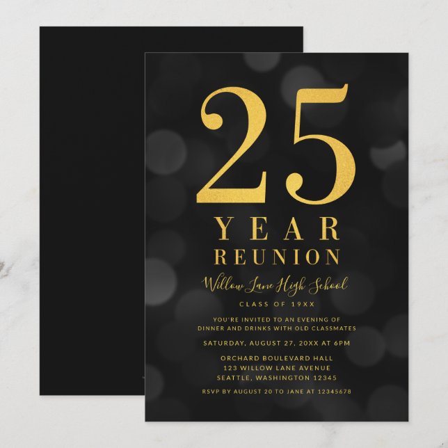 Invitation Dark Bokeh Lights 25 Année Classe Réunion (Devant / Derrière)