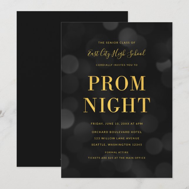 Invitation Dark Bokeh Lights Faux Gold High School Prom (Devant / Derrière)