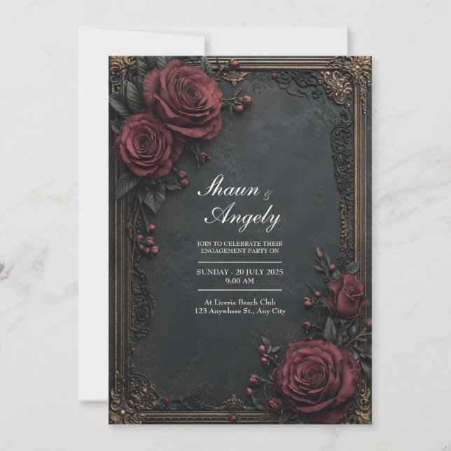 Invitation Dark Charcoal Burgundy Rose Floral Wedding (Devant)