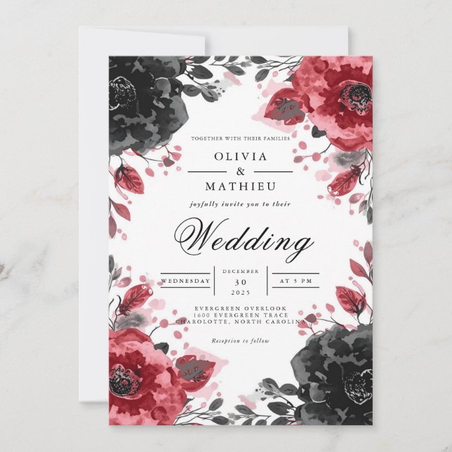 Invitation Dark Crimson Floral Romance Mariage (Devant)