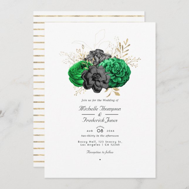 Invitation Dark Emerald et Gold Floral QR Code RSVP Mariage (Devant / Derrière)