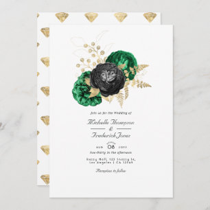 Invitation Dark Emerald et Gold Floral QR Code RSVP Mariage