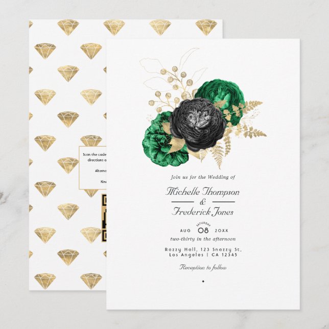 Invitation Dark Emerald et Gold Floral QR Code RSVP Mariage (Devant / Derrière)