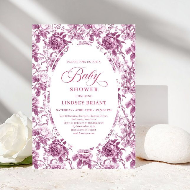 Invitation Dark Fuchsia Rose Pattern Toile Baby Shower Invite (Dark Fuchsia Rose Pattern Toile Baby Shower Invitation)