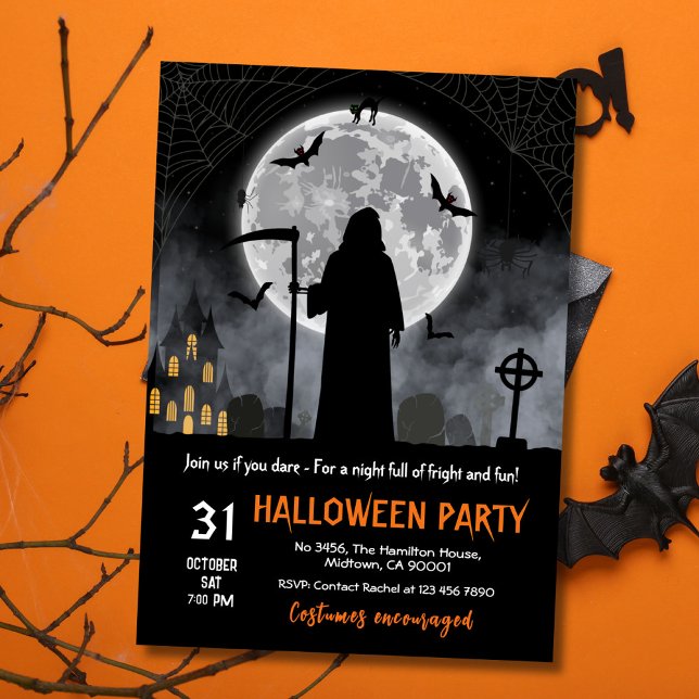 Invitation Dark Gothic Grim Reaper chauve-souris pleine lune  (Créateur téléchargé)