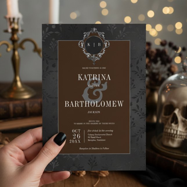 Invitation Dark Gothique Noir Floral Satin Damask Brown (Créateur téléchargé)