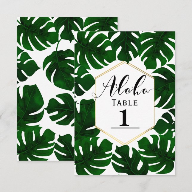 Invitation Dark Green Tropical Feuille White Gold Numéro de t (Devant / Derrière)