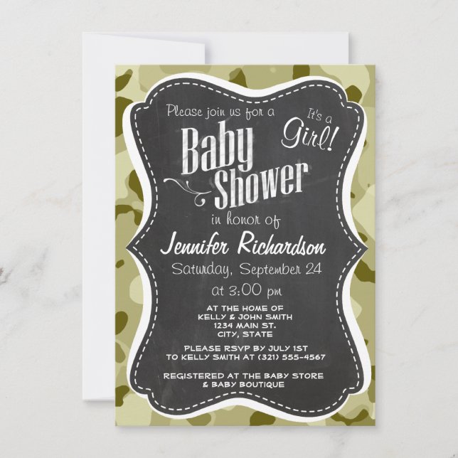 Invitation Dark Khaki Camo ; Retro Chalkboard look (Devant)