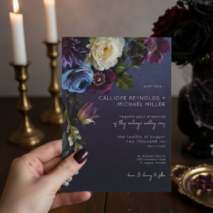 Invitation Dark Moody Blue Lavender Floral Moderne Mariage