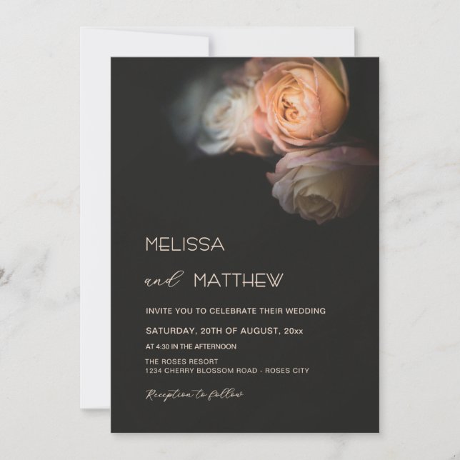 Invitation Dark Moody Blush Apricot Roses Wedding (Devant)