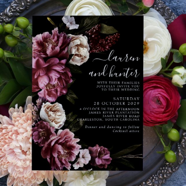 Invitation Dark Moody Blush Burgundy Script Floral Mariage da (Créateur téléchargé)