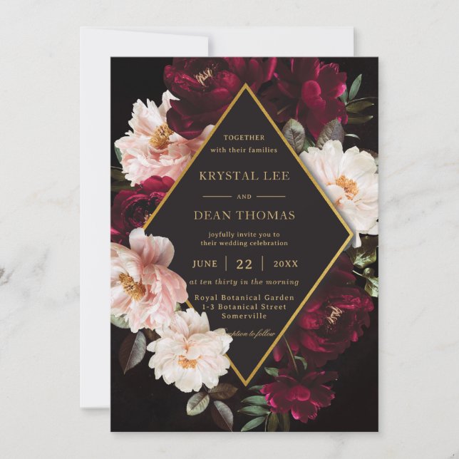Invitation Dark Moody Bourgogne Blush Floral Peonies Mariage (Devant)