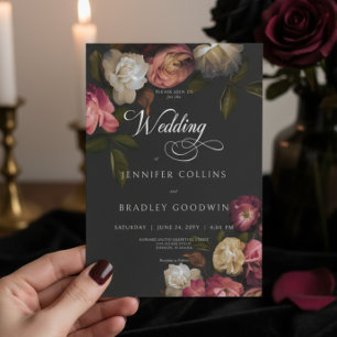 Invitation Dark Moody Bourgogne & Cream Peonies Mariage noir