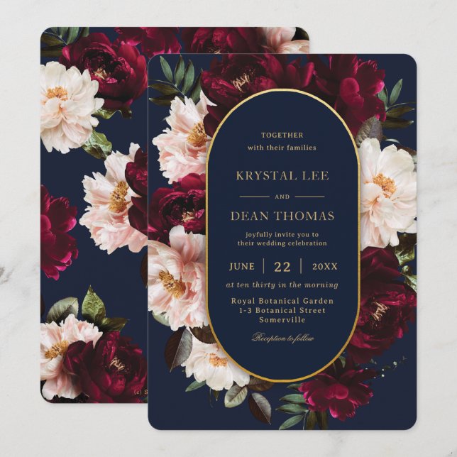 Invitation Dark Moody Burgundy Blush Navy Blue Floral Wedding (Devant / Derrière)
