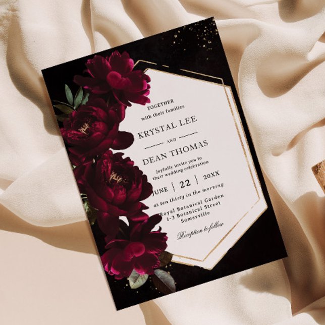 Invitation Dark Moody Burgundy Peonies Floral Mariage (Créateur téléchargé)