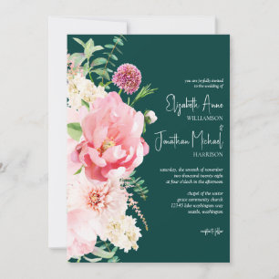 Invitation Dark Moody Emerald Blush Floral Script élégant