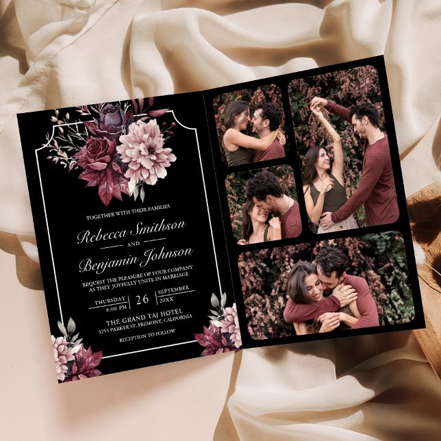 Invitation Dark Moody Floral Frame Black QR Code Wedding (Créateur téléchargé)