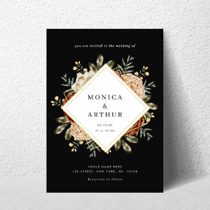 Invitation Dark Moody Floral & Gold Frame QR Code Mariage