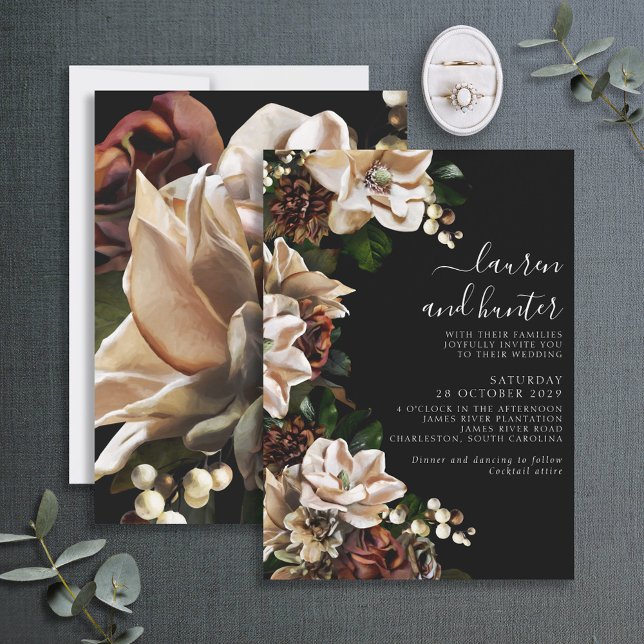 Invitation Dark Moody Magnolia Script Floral Mariage Invitati (Créateur téléchargé)