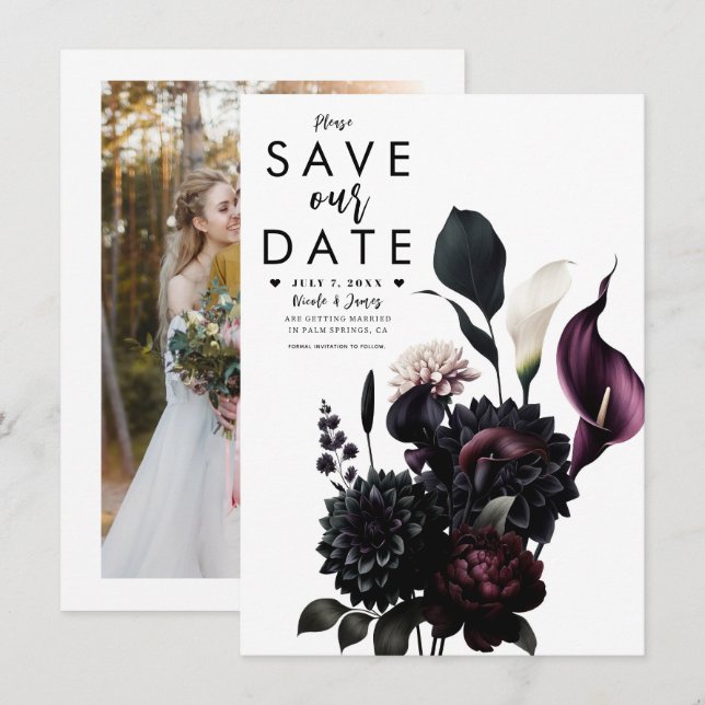 Invitation Dark Moody Mariage floral romantique Enregistrer l (Devant / Derrière)