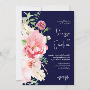 Invitation Dark Moody Navy bleu bleu bleu rose floral Script
