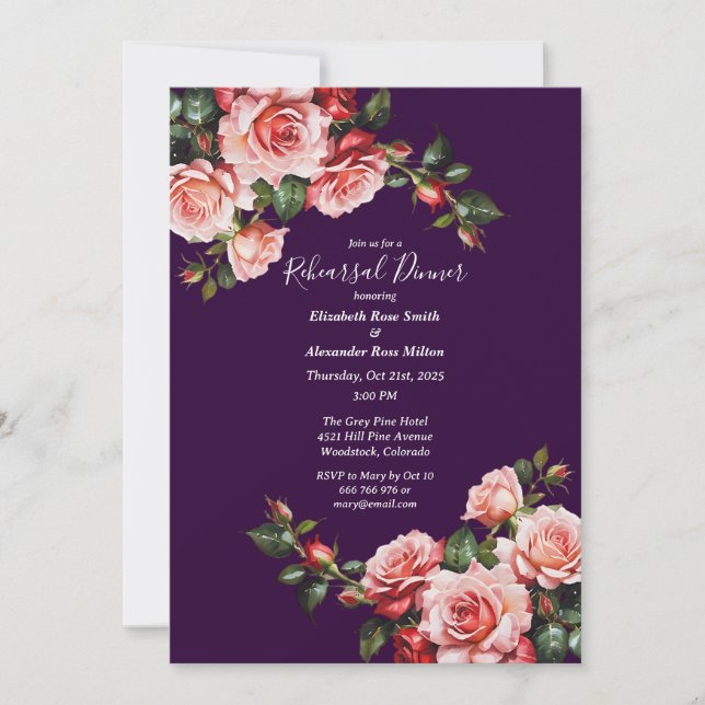 Invitation Dark moody pink and red roses Rehearsal Dinner (Devant)