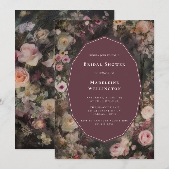 Invitation Dark Moody Romantic Floral Mariage Fête des mariée (Devant / Derrière)