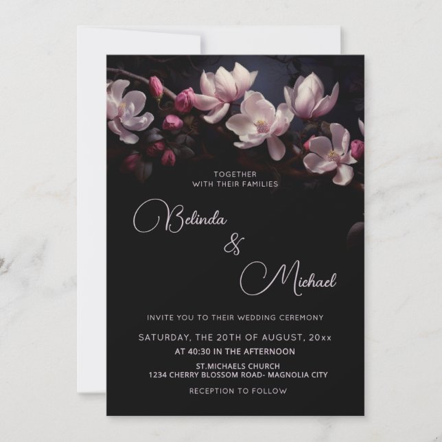 Invitation Dark  Moody Romantic Magnolia Flowers (Devant)