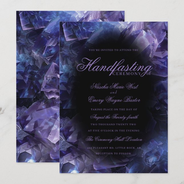 Invitation Dark Purple Boho Witch Crystals Black Handfasting (Devant / Derrière)