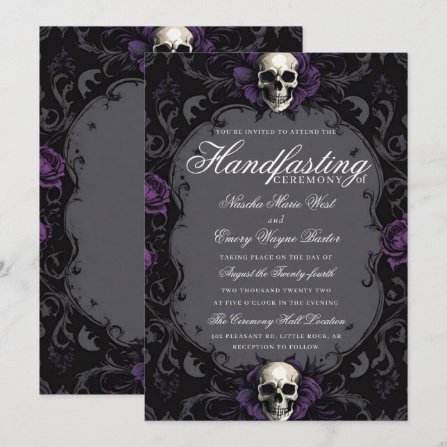 Invitation Dark Purple Gothic Boho Floral Skull Handfasting (Devant / Derrière)