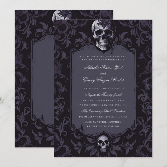 Invitation Dark Purple Gothic Boho Floral Skull Wedding (Devant / Derrière)
