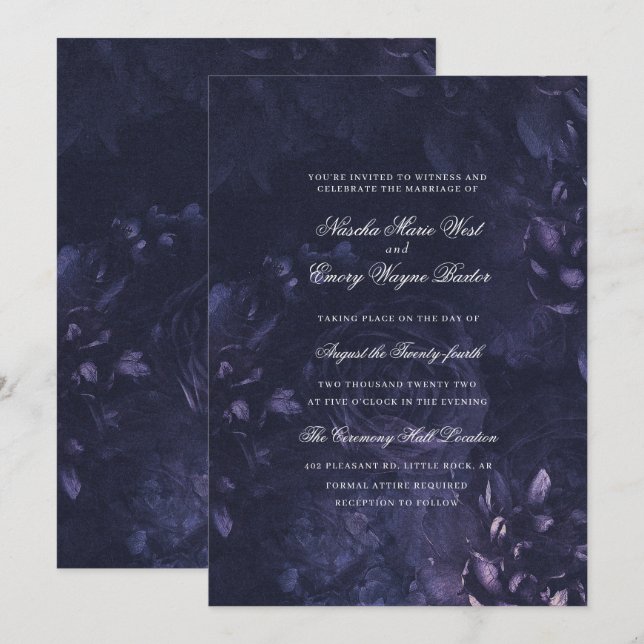 Invitation Dark Purple Gothic Boho Floral Wedding (Devant / Derrière)