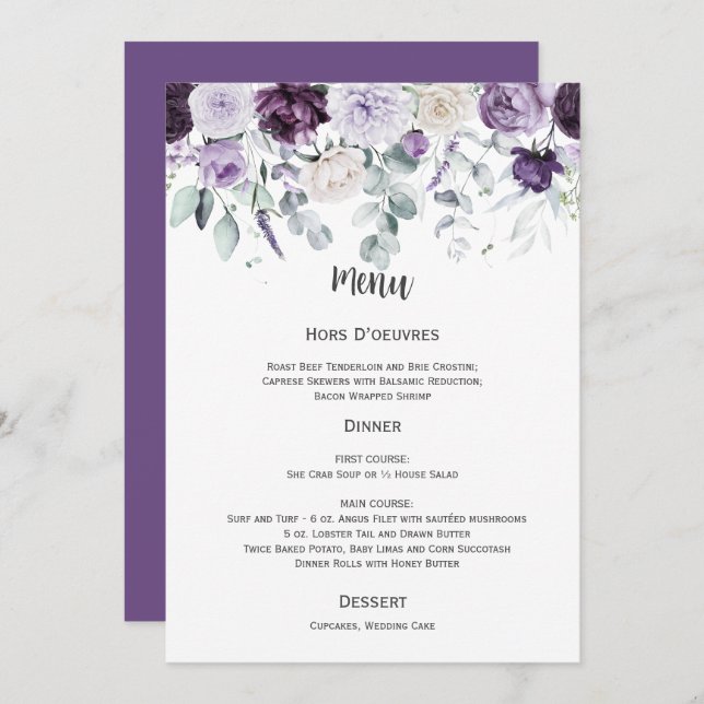 Invitation Dark Purple, Lavender, White Wedding Menu (Devant / Derrière)