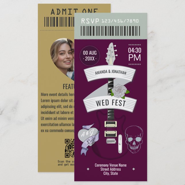 Invitation Dark Romance Rock ’n’ Roll Wedding Ticket (Devant / Derrière)