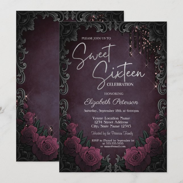 Invitation Dark Roses Frame Burgundy Glitter Drips Sweet 16  (Devant / Derrière)