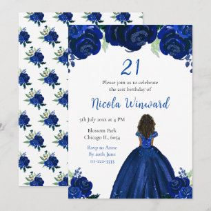 Invitation Dark Skin Princess Marine Floral Anniversaire Part
