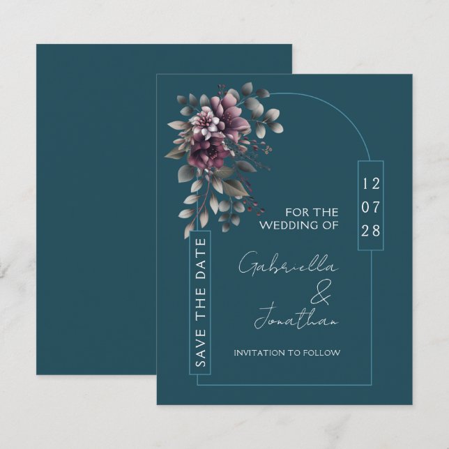 Invitation Dark Teal, Dusty Purple Arch Save the Date | (Devant / Derrière)