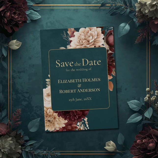 Invitation Dark Teal Floral Gothic Save the Date (Dark Teal Floral Gothic Save the Date Invitation on a teal wedding table with vintage flowers)