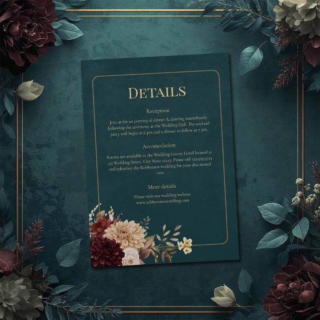 Invitation Dark Teal Floral Gothic Wedding Details Card (Dark Teal Floral Gothic Wedding Details Card on a teal wedding table with vintage flowers.)