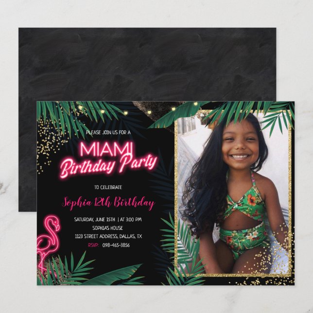Invitation Dark Tropical Miami Anniversaire Party avec photo (Devant / Derrière)