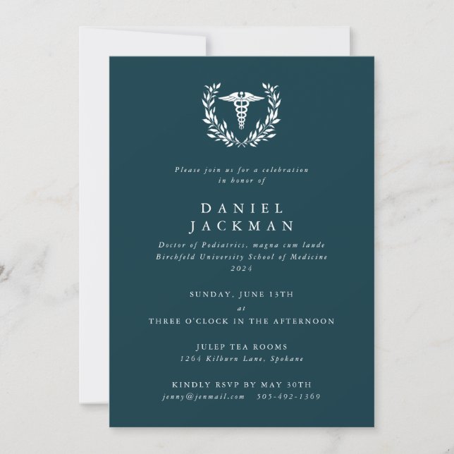 Invitation Dark Turquoise Caduceus Médicale School Graduation (Devant)