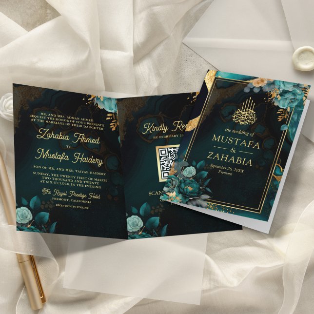 Invitation Dark Turquoise or Floral QR Code Musulman Mariage (Créateur téléchargé)