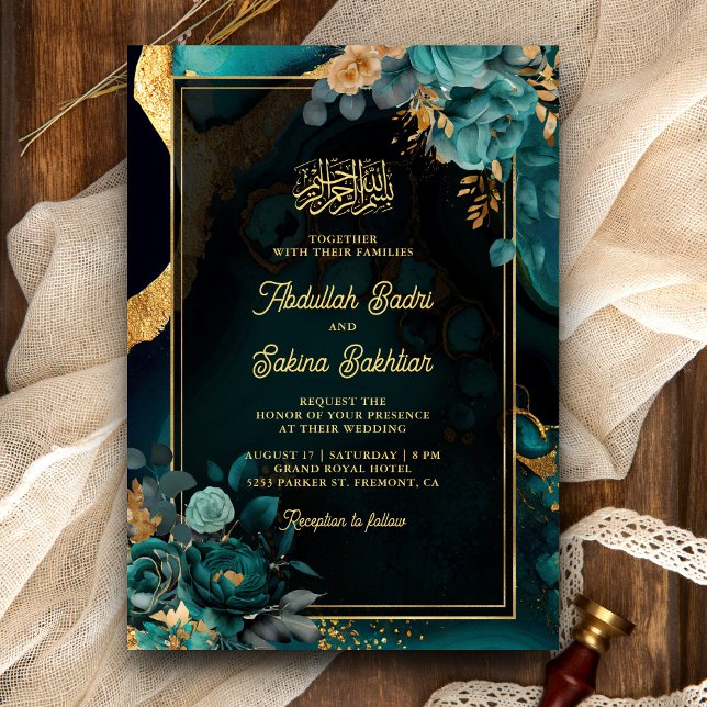 Invitation Dark Turquoise or Floral QR Code Musulman Mariage (Créateur téléchargé)