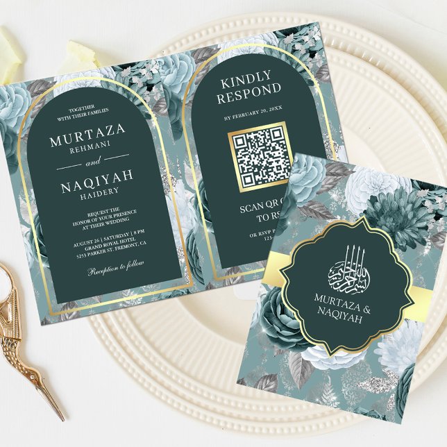 Invitation Dark Turquoise Seafoam Floral QR Code Mariage musu (Créateur téléchargé)