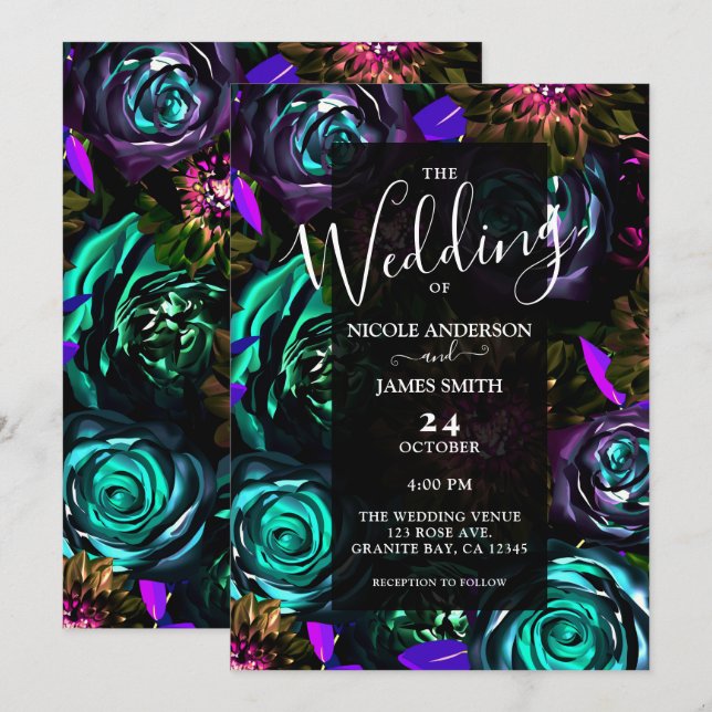 Invitation Dark Wonderland Bold Glam Floral Flowers Mariage (Devant / Derrière)
