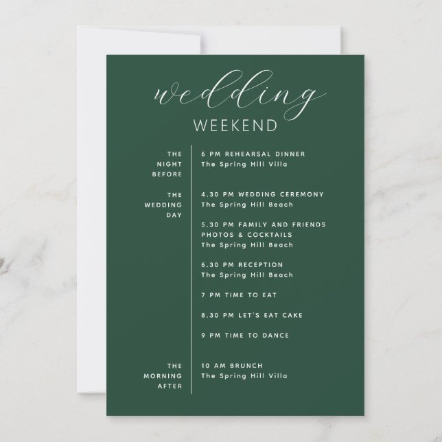 Invitation Dark Woodland Green Wedding Weekend Schedule (Dos)